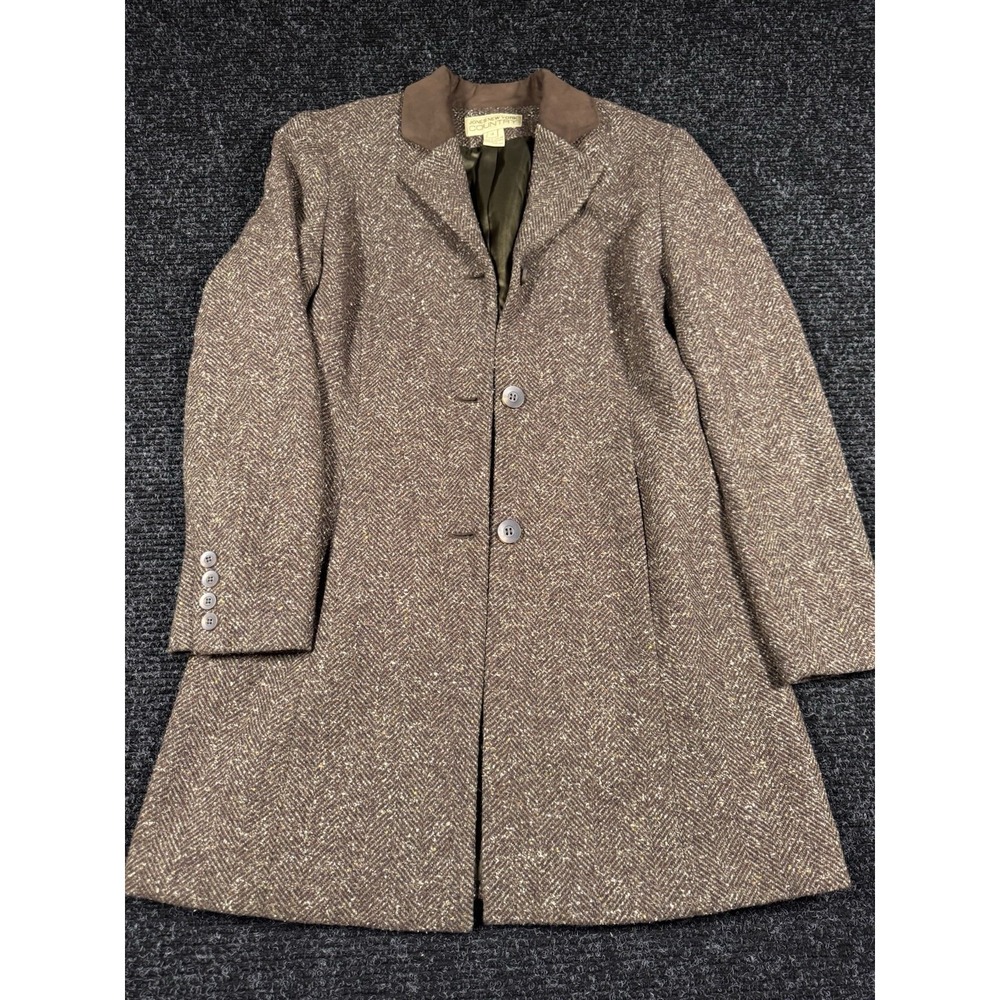 Jones New York Country Womens 4 Wool Silk Herringbone Tweed Long Coat Brown